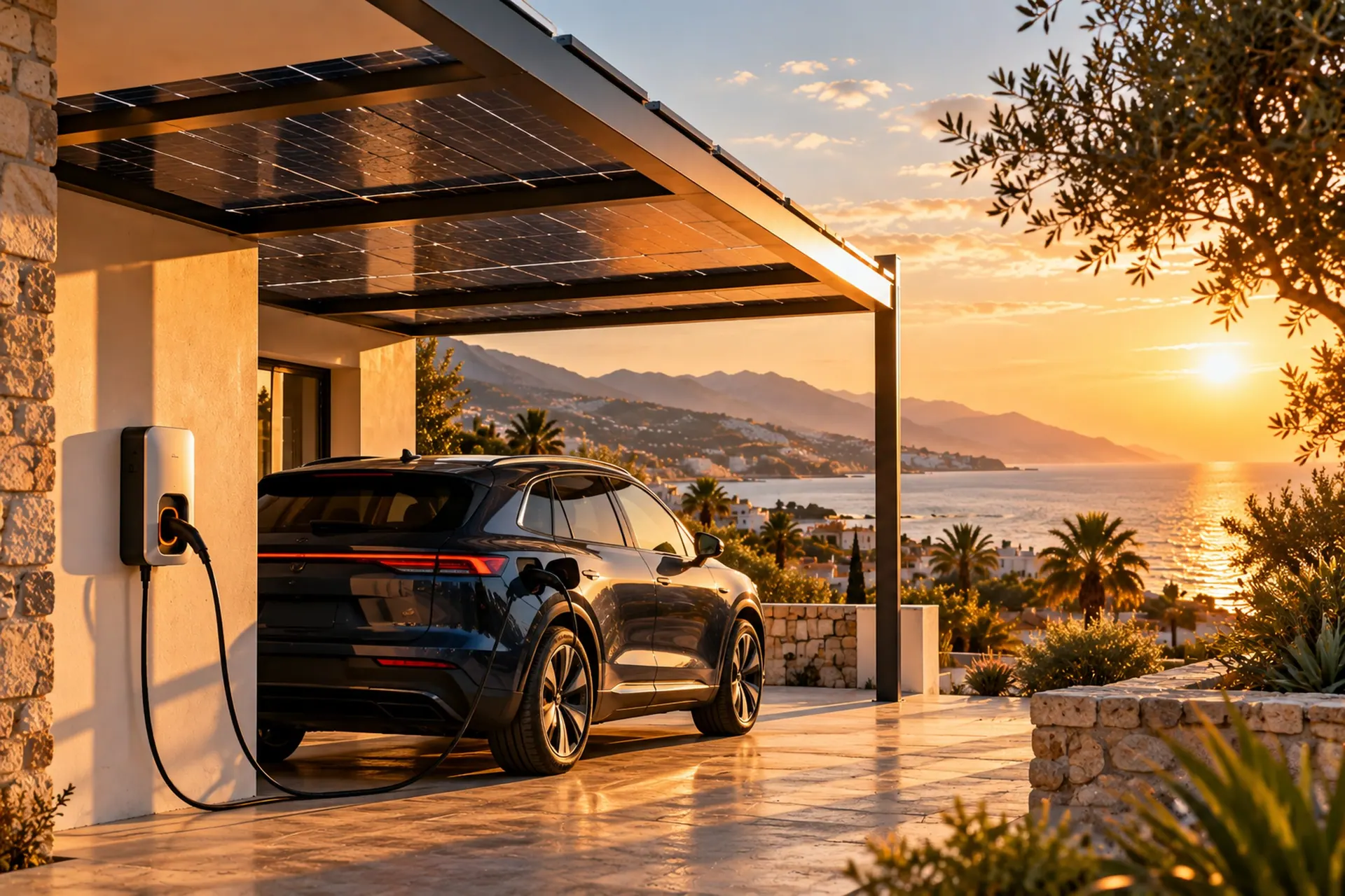 Güneş panelli carport altında şarj olan elektrikli otomobil — Elektrikli Araç Şarj Sistemleri