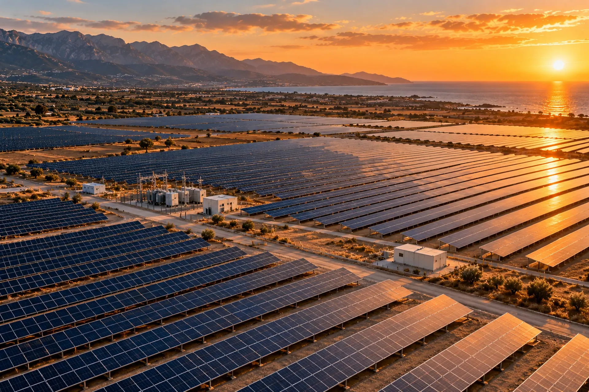 Gün batımında saha tipi güneş enerjisi santrali sıraları — Konya 25 MW GES, örnek iş